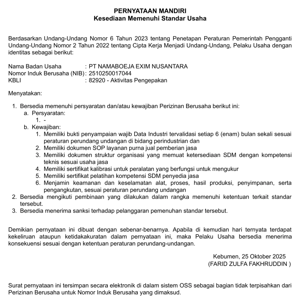 Independent statement document PT Namaboeja Exim Nusantara