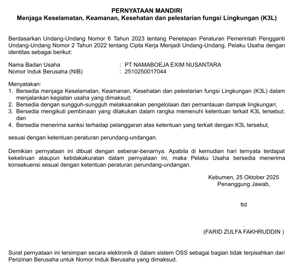K3L document PT Namaboeja Exim Nusantara