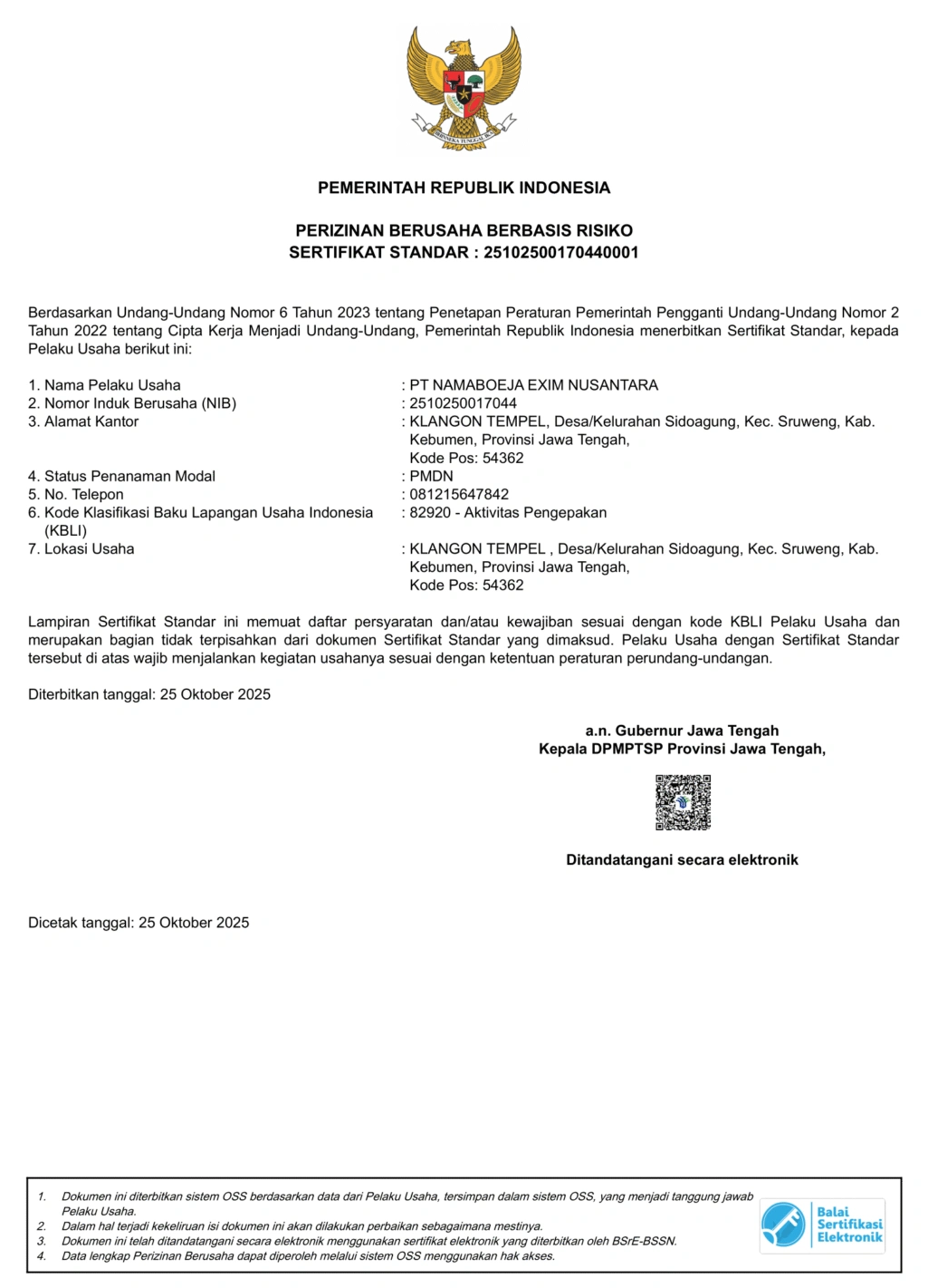 Standard certificate document PT Namaboeja Exim Nusantara