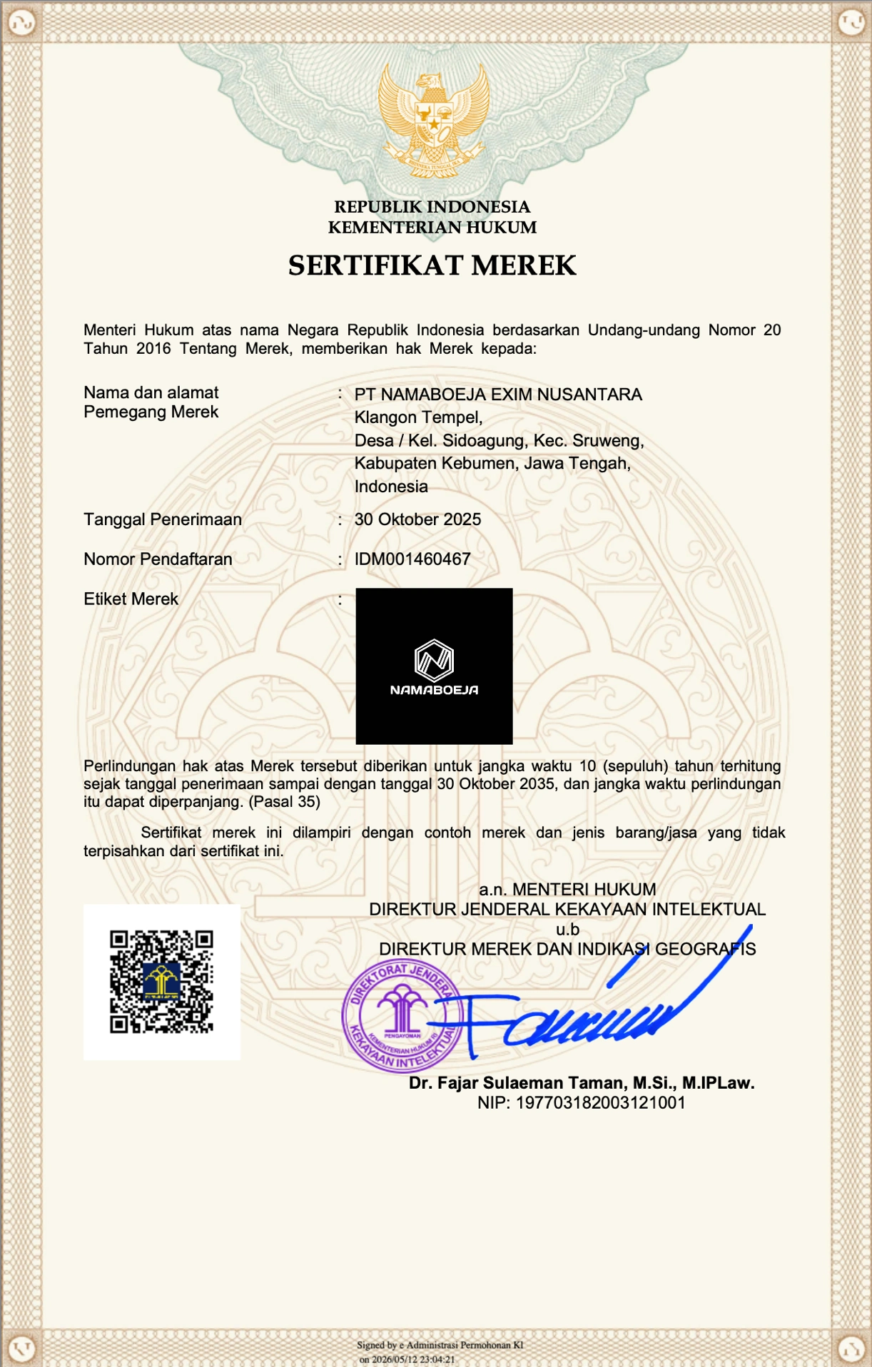 NAMABOEJA trademark certificate