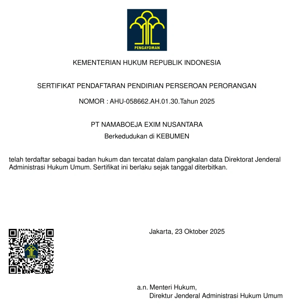 Certificate of company establishment registration PT Namaboeja Exim Nusantara